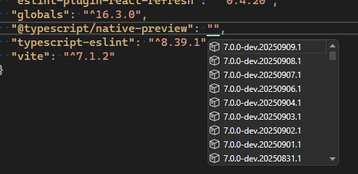 completion list in Visual Studio for the TypeScript Native Preview npm package