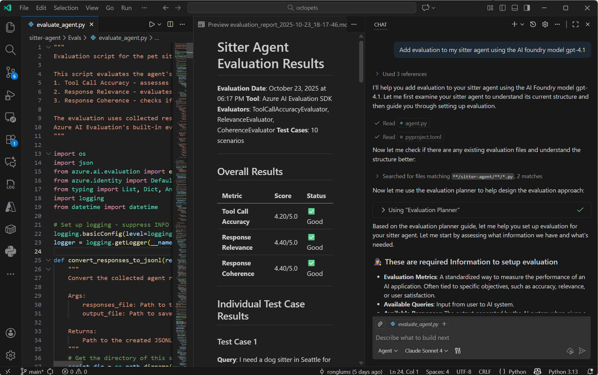 Visual Studio Code showing Sitter Agent Evaluation Results, all tests passing