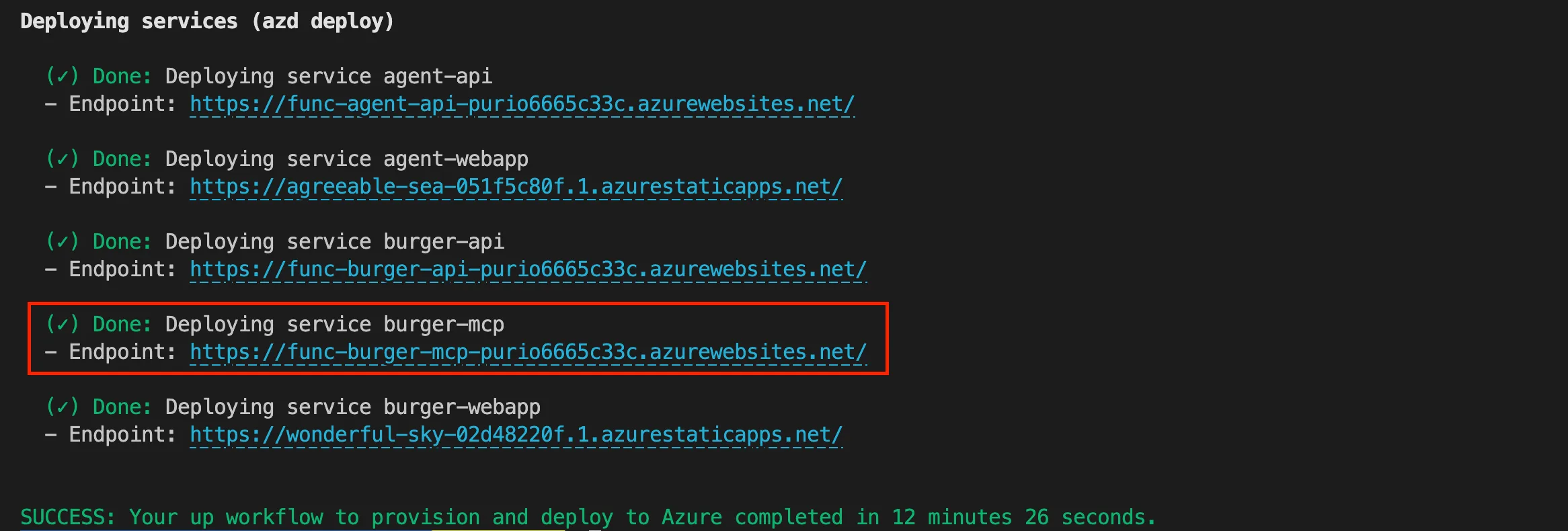 AZD deployment output for the burger MCP example app