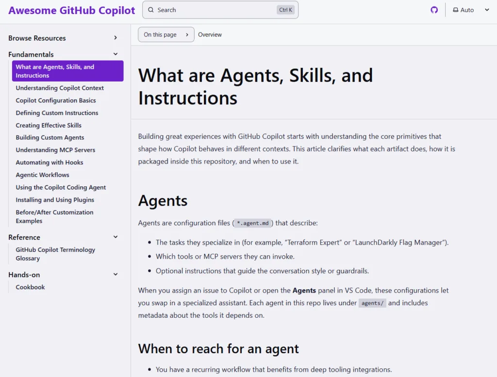 A screenshot from The Learning Hub showing the What Are Agents, Skills, and Instructions page