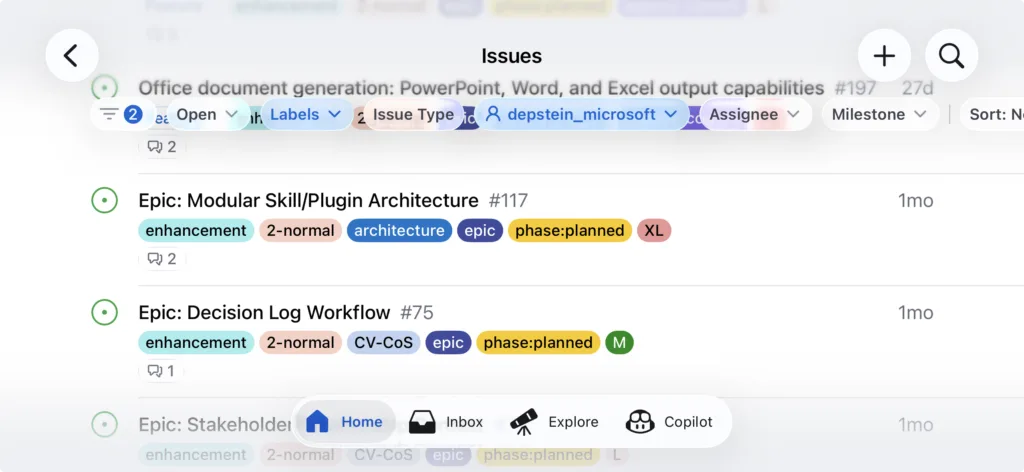 Screenshot of Minthe epic backlog on GitHub Mobile