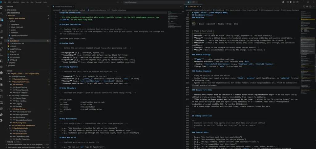 A screenshot of a VSCode window showing two markdown files from the agentic-agile-template repo: copilot-instructions.md and CLAUDE.md