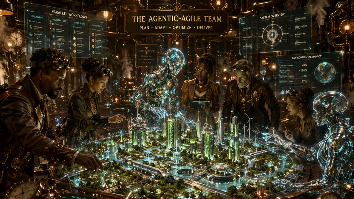 Wide cinematic scene of a steampunk workshop where a diverse team of engineers and architects stands in a circle around a glowing miniature model of a futuristic green city. The model features vertical gardens, solar towers, wind turbines, canals, and transit systems illuminated with flowing energy lines. Human collaborators in brass-accented, Victorian-style attire work alongside holographic, gear-like AI constructs that appear to adjust the city in real time. The space is filled with mechanical instruments, pipes releasing steam, and floating translucent interfaces showing diagrams and workflows. Warm amber lighting from lamps contrasts with cool green and blue light from the model, with soft haze and volumetric beams creating a dramatic, collaborative atmosphere.