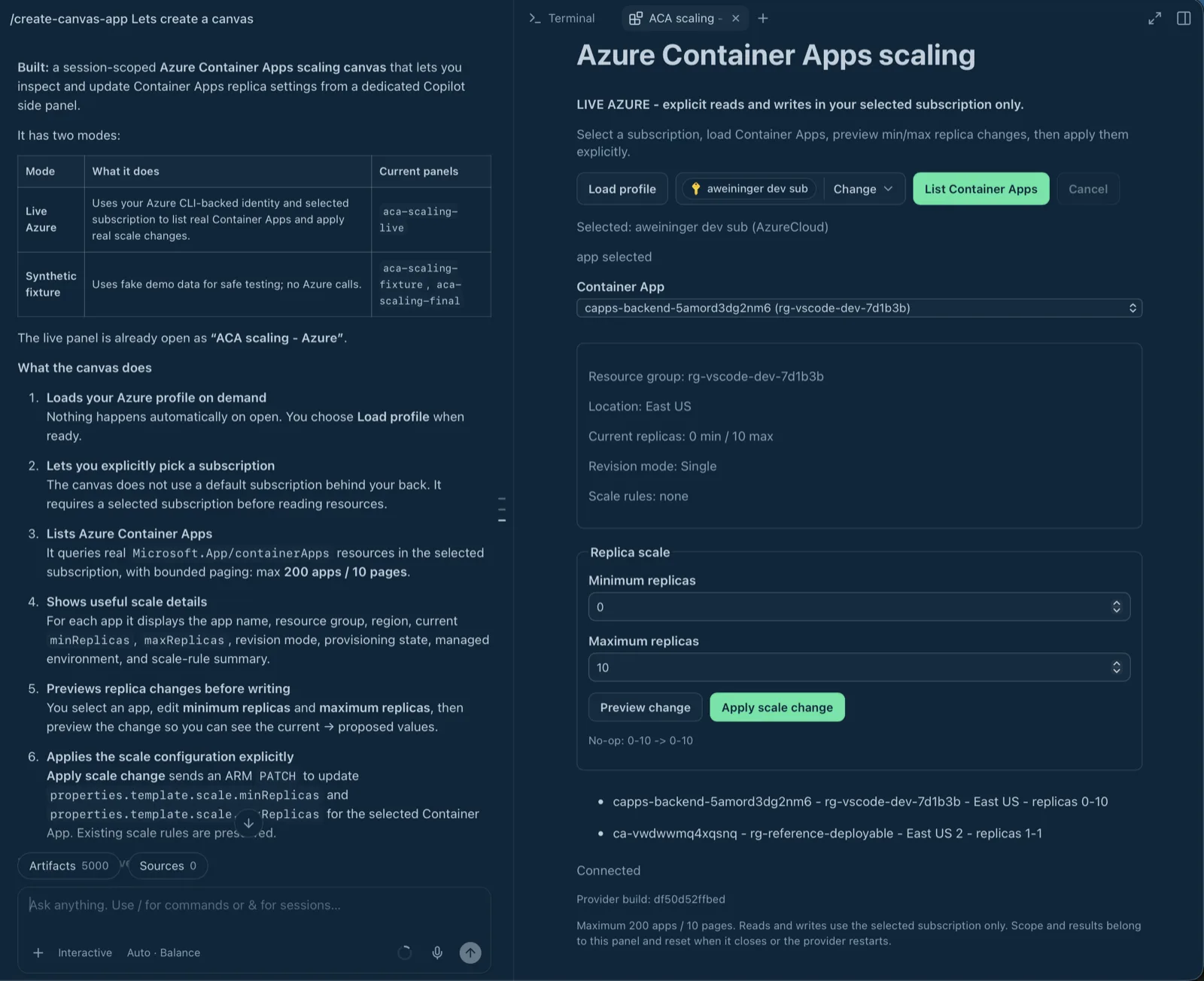 Azure Container Apps scaling canvas with explicit preview and apply actions
