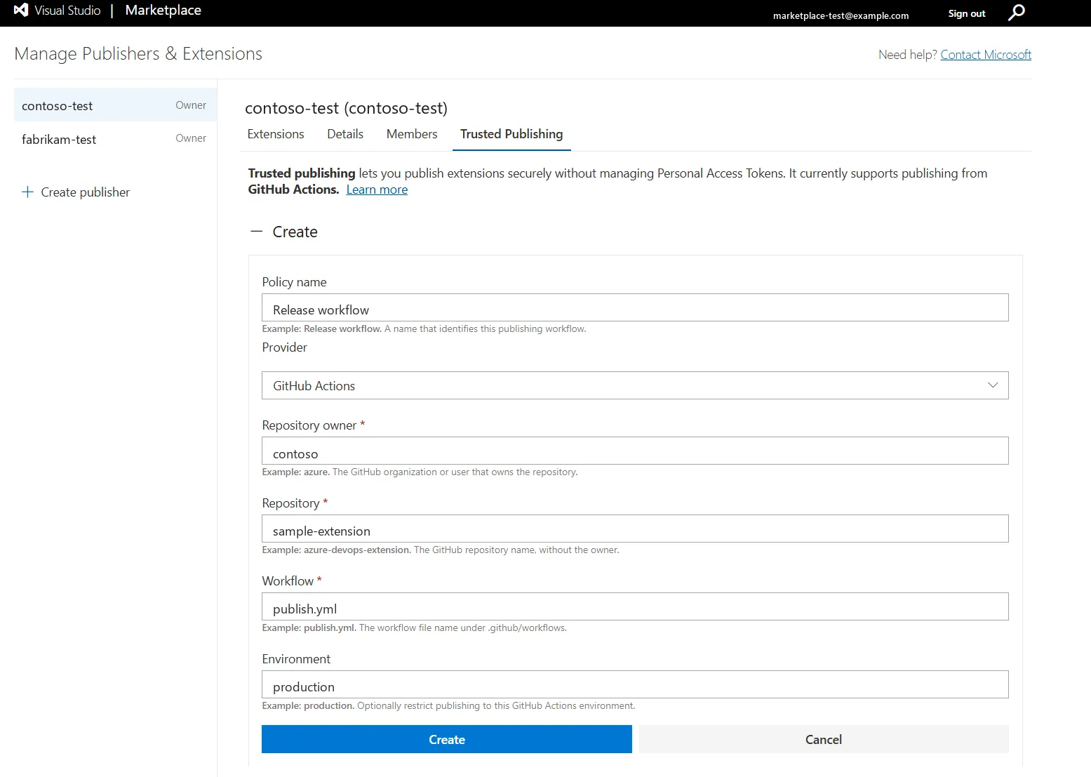 Creating a Trusted Publishing policy with fictional test account data