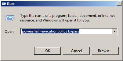 Image of using Run to launch Windows PowerShell in bypass mode