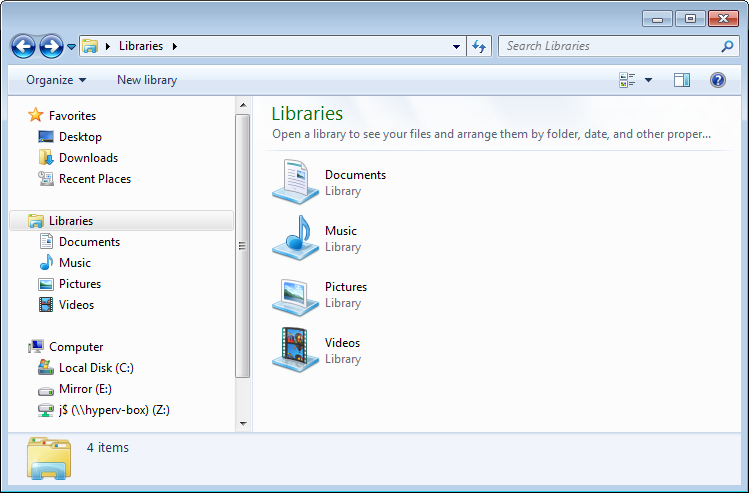 Image of default libraries in Windows 7