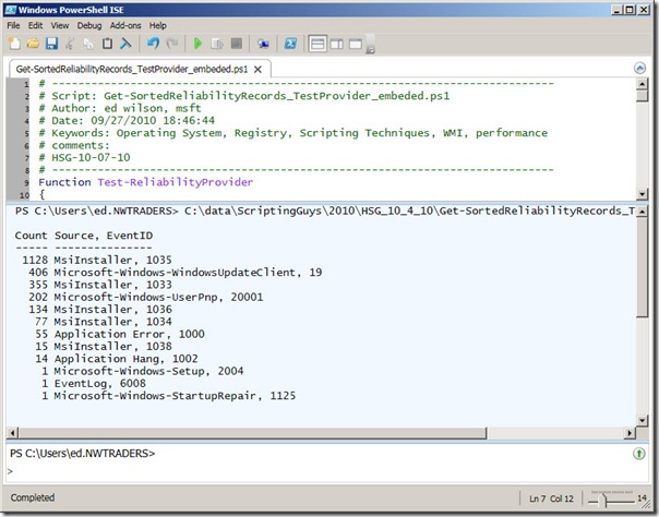 Image of output from Get-SortedReliabilityRecords function