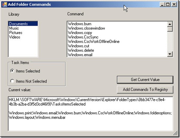 Image of Add Folder Commands dialog box