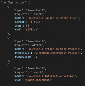 The three default configurations in launch.json