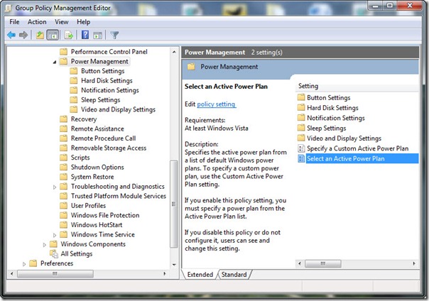Image of power management settings in Group Policy Management Editor