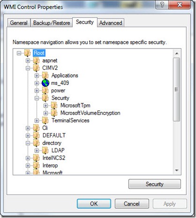 Image of WMI namespaces being viewed inside WMI control