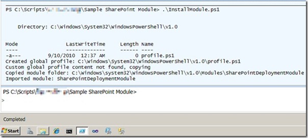 Image of running installation script on Windows PowerShell ISE configuration