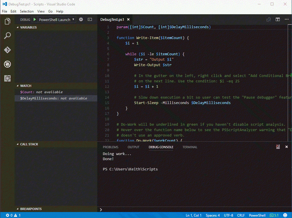 Adding a launch configuration that launches the PowerShell extension’s Examples\DebugTest.ps1 file with arguments