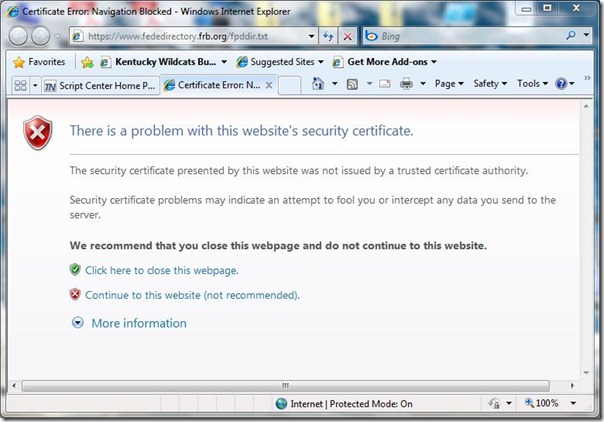 Image of invalid certificate error in Internet Explorer