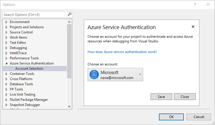 Azure service authentication account selection setting in Tools Options