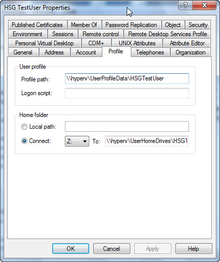 Image of user profile page in Active Directory Users and Computers