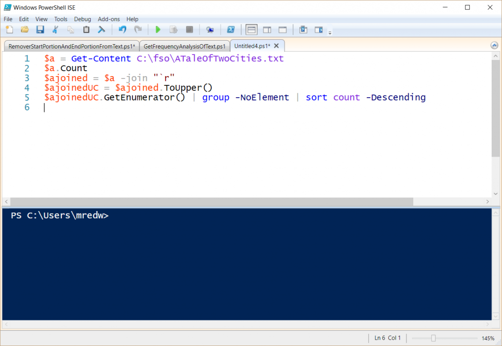 Screenshot of the basic letter-frequency analysis code in the Windows PowerShell ISE.