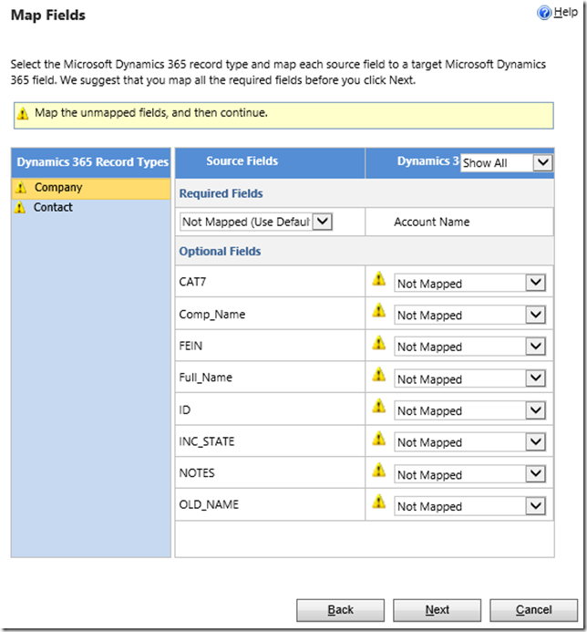 list of import fields microsoft business contact manager