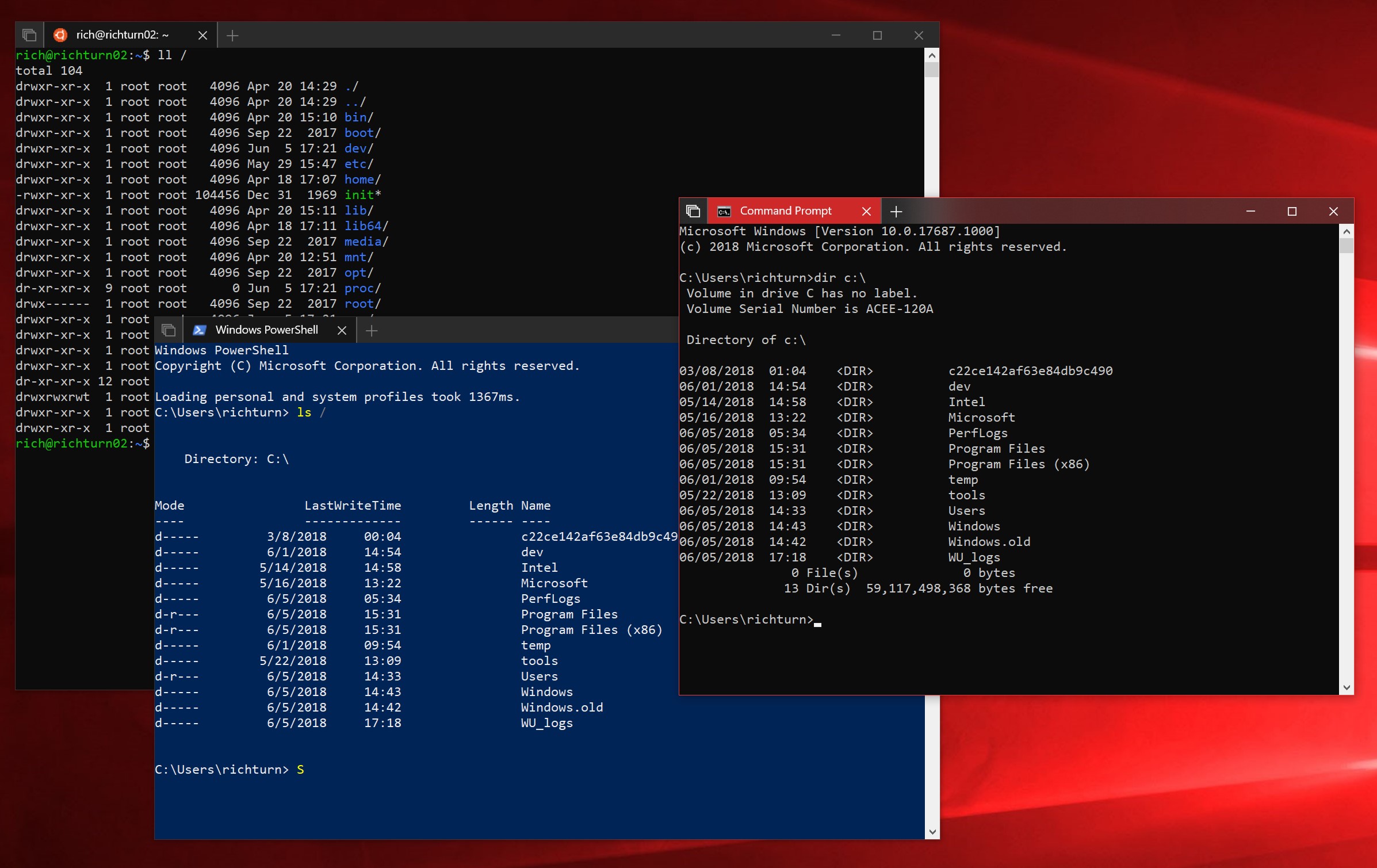 Cmd, PowerShell, and Ubuntu Linux on WSL running attached to independent Console instances