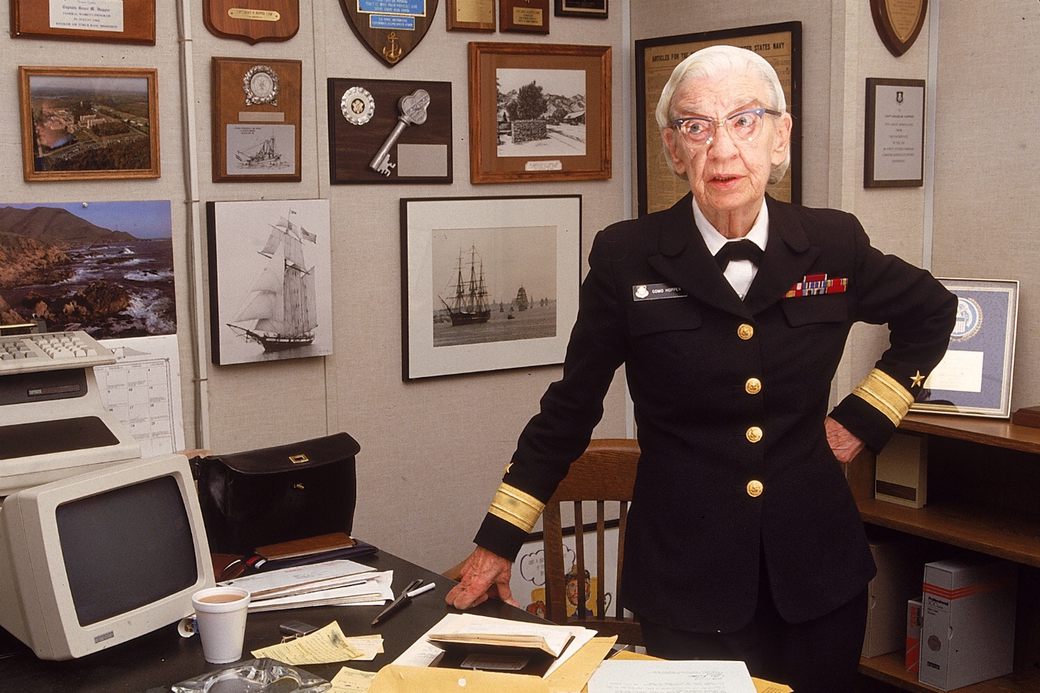 Admiral Grace Hopper in her office with a DEC VT220 Terminal on her desk