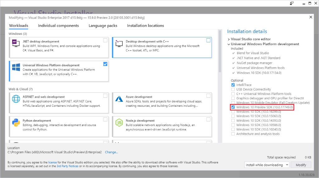 Visual Studio Installer showing Windows 10 Preview SDK as optional
