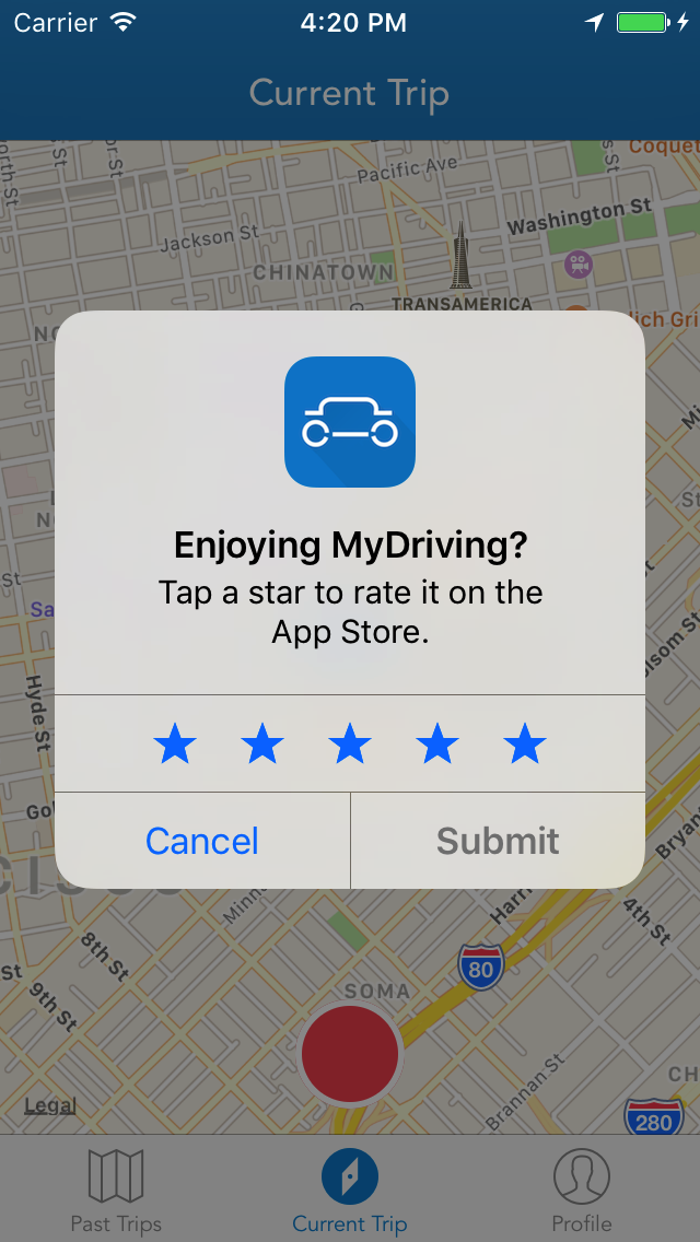 The MyDriving app using the new StoreKit App Store review APIs.