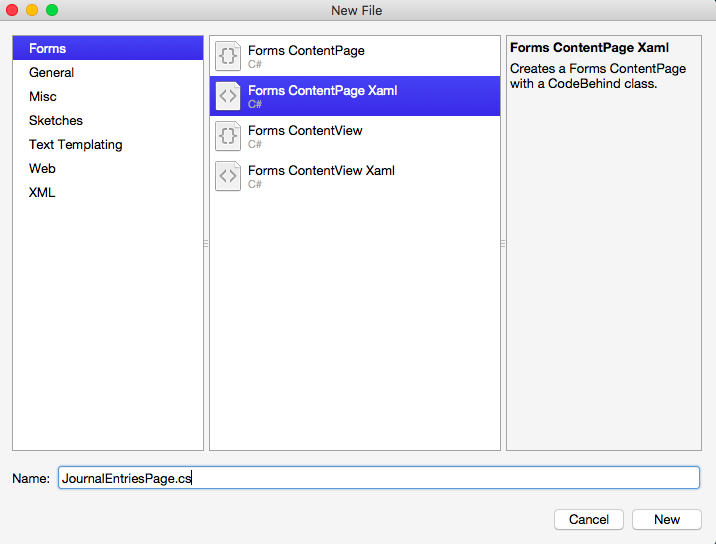 Adding a new Xamarin.Forms ContentPage XAML in Xamarin Studio.
