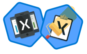 Illustration of two Xamarin learning path trophies from Microsoft Learn, one showing a stack of three mobile devices and one showing an app being painted with a roller