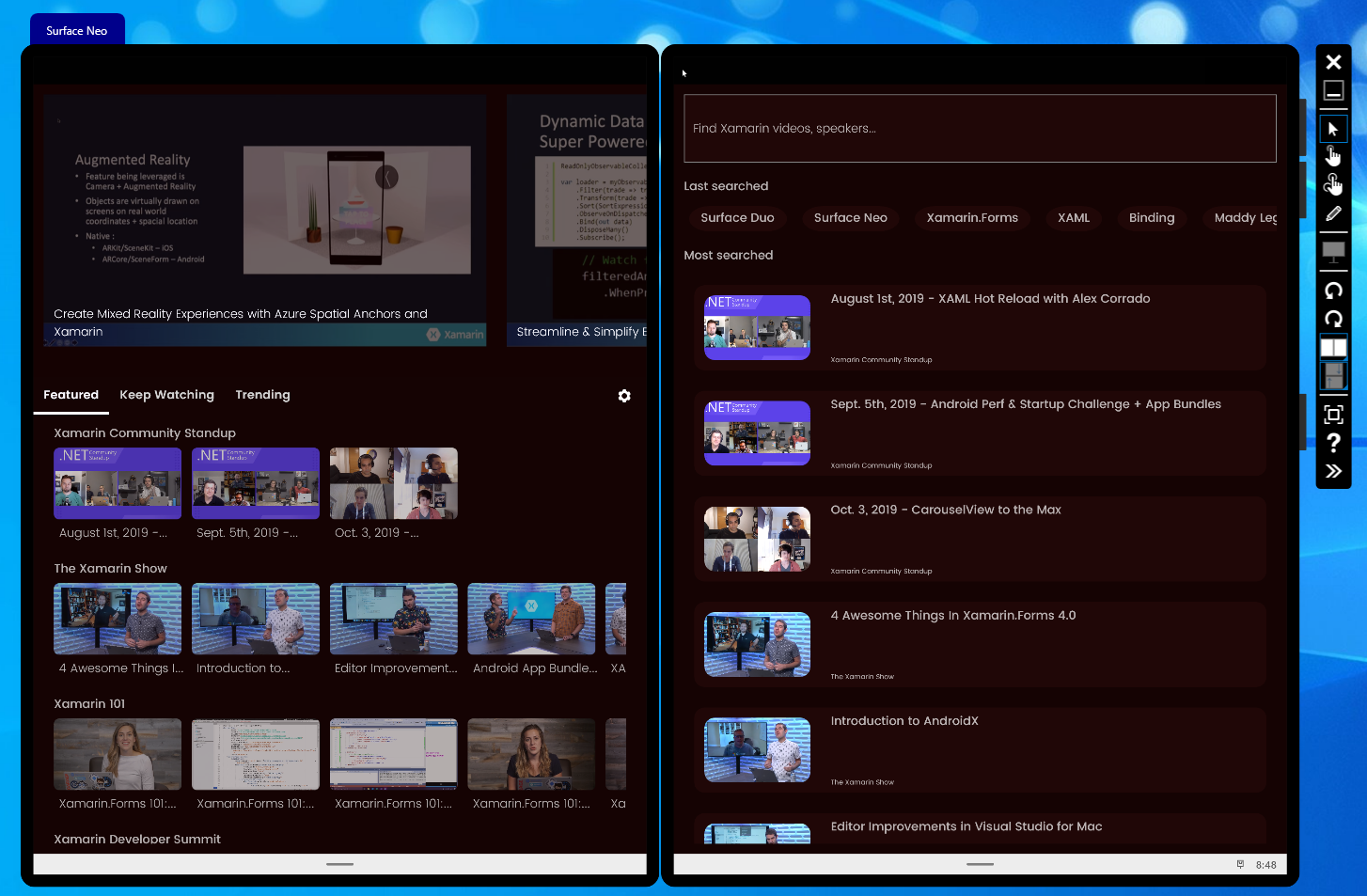 Xamarin TV demo app running on a Surface Neo emulator