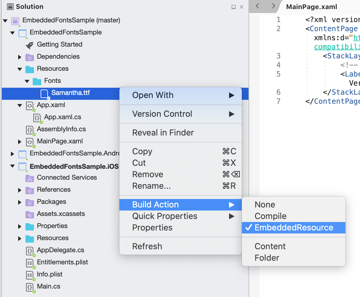 Screenshot of Visual Studio for Mac showing how to set the font file build action to EmbeddedResource