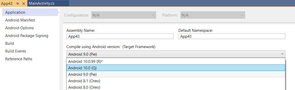 Visual Studio Android project settings showing drop down for Compile Target that is being set to API 29