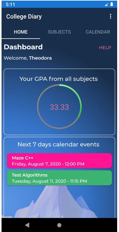 Image College Diary home page showing GPA and upcoming events