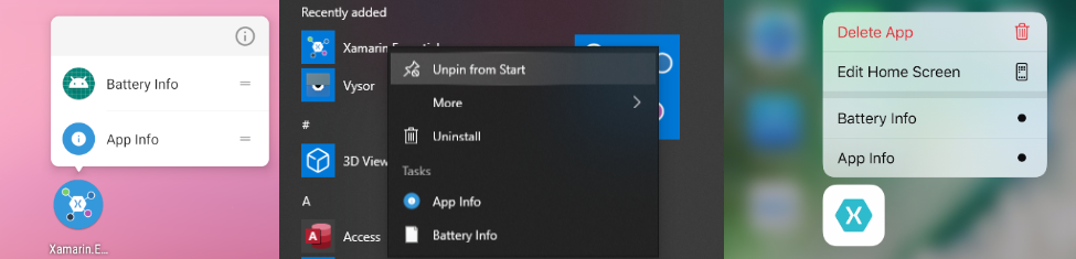 mage of iOS, Android, and UWP with a jumplist of actions