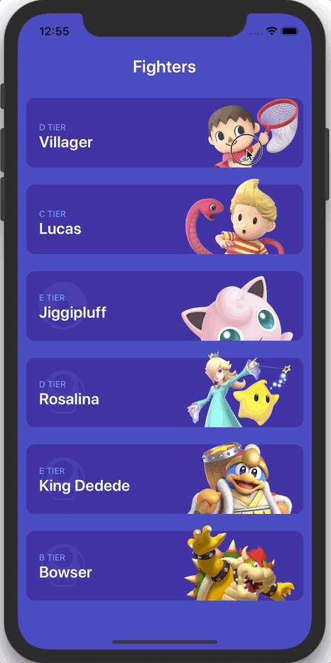 Phone with list of characters being swiped from the right.