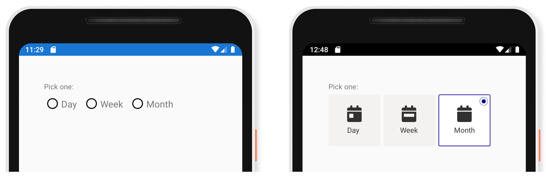 Image of radio buttons in a classic style and templated with calendar views