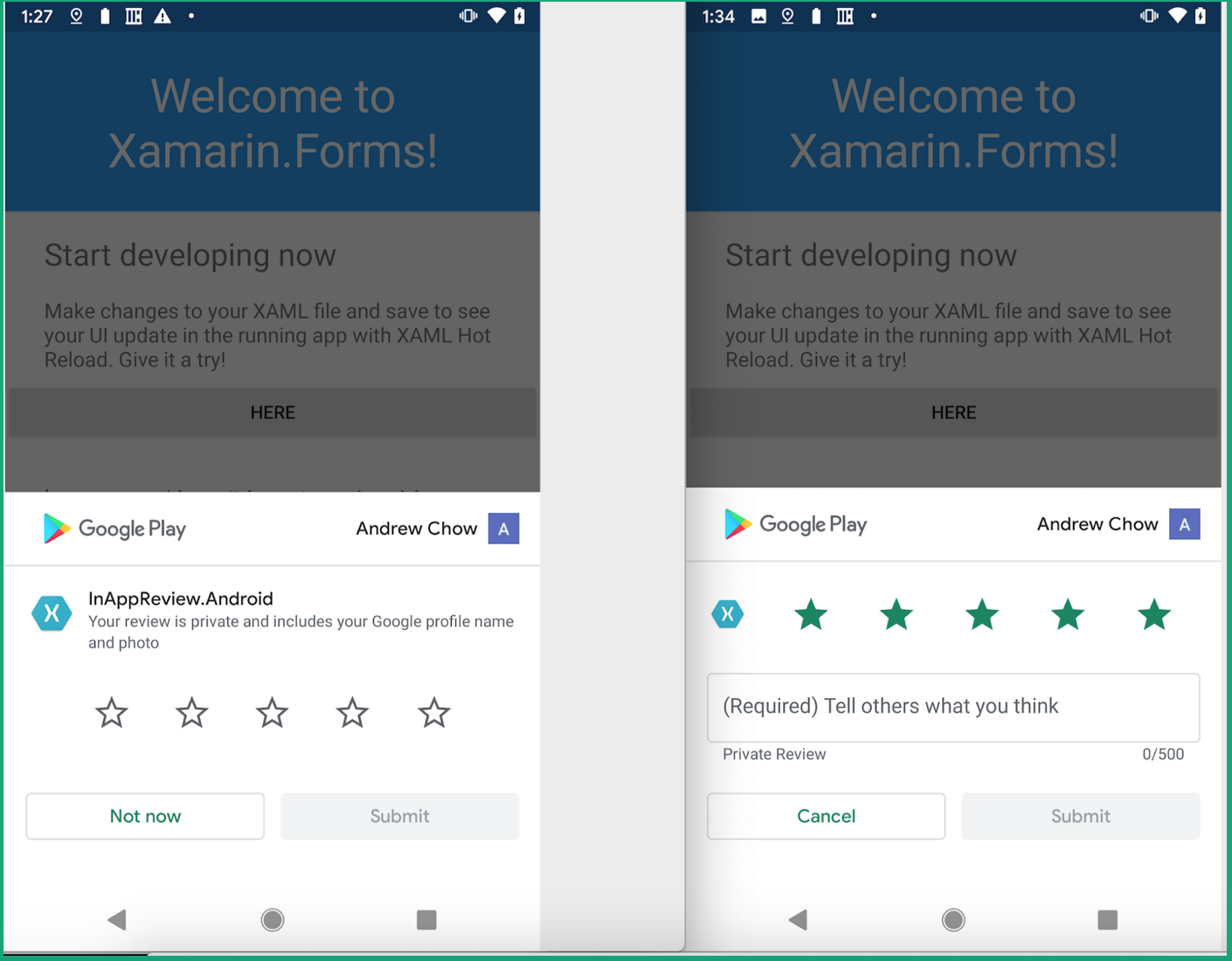 Screenshots showing In-App Reviews on a Xamarin Android app