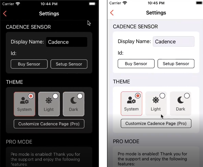 Dark theme and light theme of a settings screen with card view